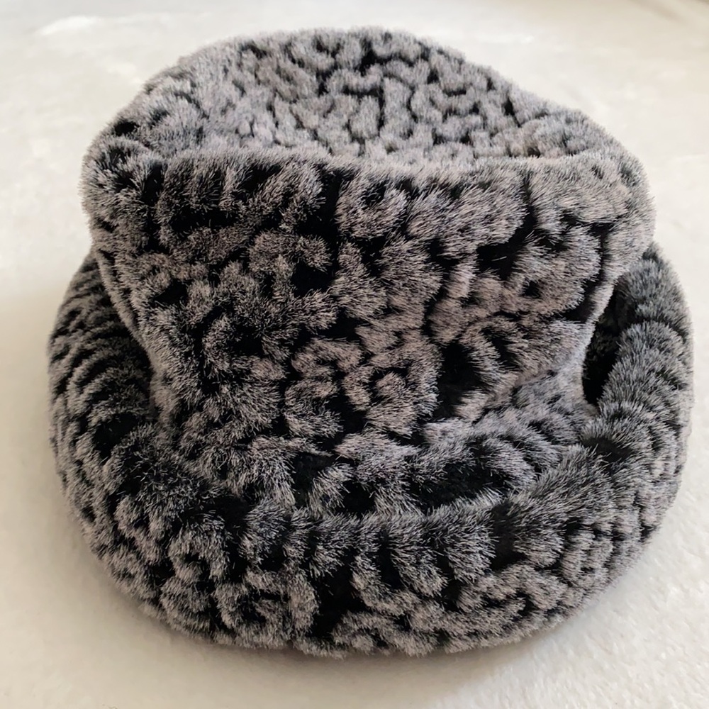 {VTG} Ben Berger | Faux Fur Leopard Print Bucket Hat 90s Y2K Gray/Black (OS) - Picture 4 of 14